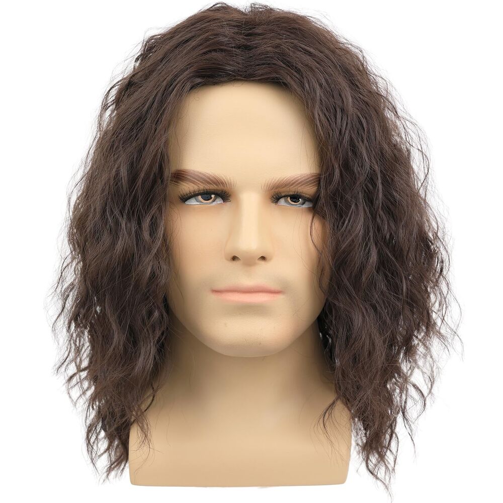Mens Brown Wavy Wig - Medium Length Natural Look Middle Part Costume Cosplay etc